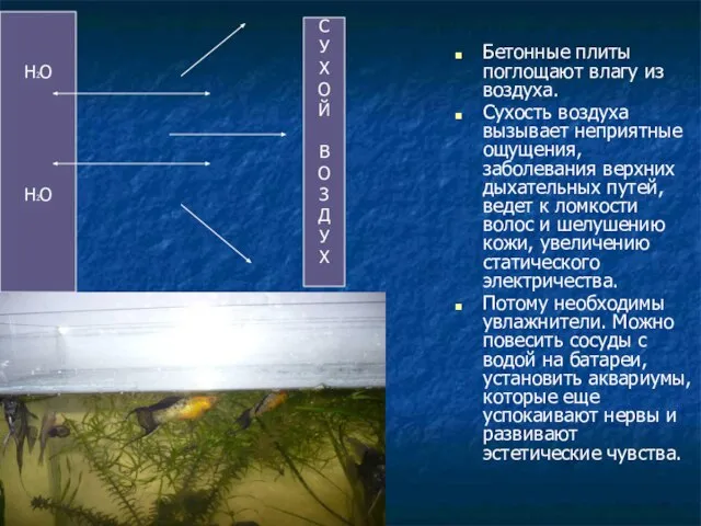 H2O H2O Бетонные плиты поглощают влагу из воздуха. Сухость воздуха вызывает неприятные