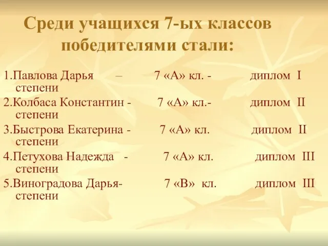 Среди учащихся 7-ых классов победителями стали: 1.Павлова Дарья – 7 «А» кл.