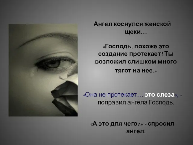 Ангел коснулся женской щеки… «Господь, похоже это создание протекает! Ты возложил слишком