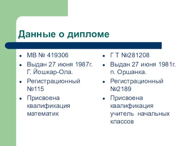 Данные о дипломе МВ № 419306 Выдан 27 июня 1987г. Г. Йошкар-Ола.