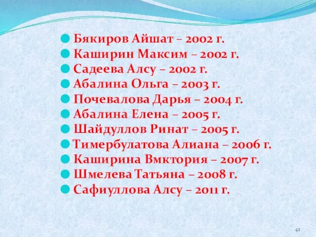 Бякиров Айшат – 2002 г. Каширин Максим – 2002 г. Садеева Алсу