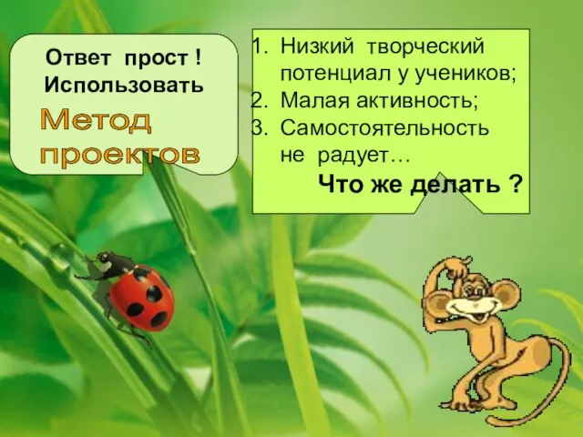 Низкий творческий потенциал у учеников; Малая активность; Самостоятельность не радует… Что же