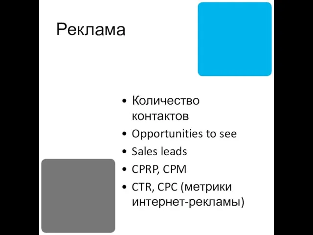 Реклама Количество контактов Opportunities to see Sales leads CPRP, CPM CTR, CPC (метрики интернет-рекламы)