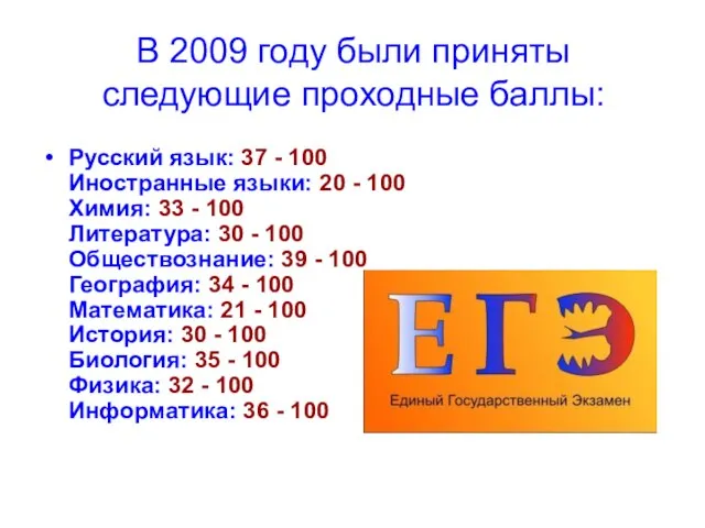 В 2009 году были приняты следующие проходные баллы: Русский язык: 37 -