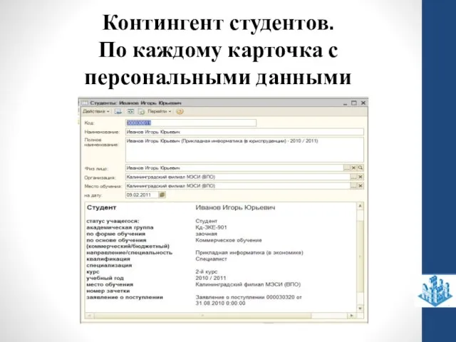 Контингент студентов. По каждому карточка с персональными данными