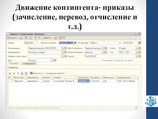 Движение контингента- приказы (зачисление, перевод, отчисление и т.д.)