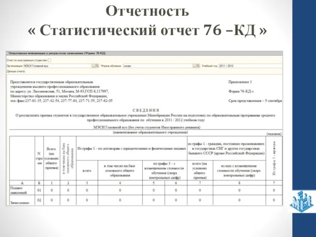 Отчетность « Статистический отчет 76 –КД »