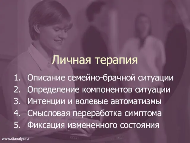 Личная терапия Описание семейно-брачной ситуации Определение компонентов ситуации Интенции и волевые автоматизмы