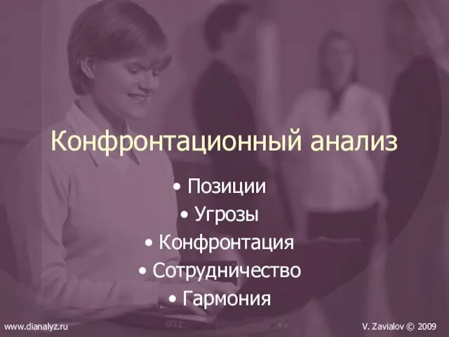 Конфронтационный анализ Позиции Угрозы Конфронтация Сотрудничество Гармония www.dianalyz.ru V. Zavialov © 2009