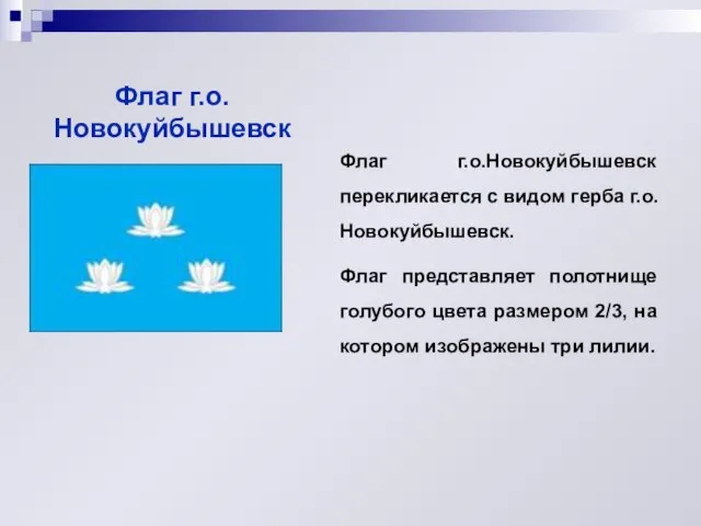 Флаг г.о.Новокуйбышевск Флаг г.о.Новокуйбышевск перекликается с видом герба г.о.Новокуйбышевск. Флаг представляет полотнище