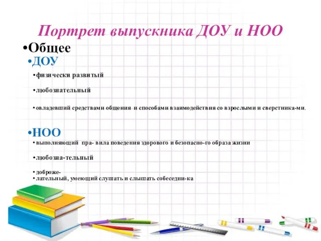 Портрет выпускника ДОУ и НОО Общее ДОУ физически развитый любознательный овладевший средствами