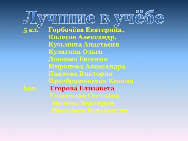 5 кл. 6кл. Горбачёва Екатерина, Колесов Александр, Кузьмина Анастасия Кулагина Ольга Ловцова