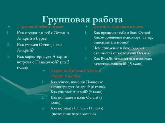 Групповая работа 1 группа «Учёба в бурсе» Как проявили себя Остап и