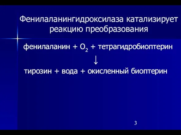 Фенилаланингидроксилаза катализирует реакцию преобразования фенилаланин + О2 + тетрагидробиоптерин ↓ тирозин + вода + окисленный биоптерин