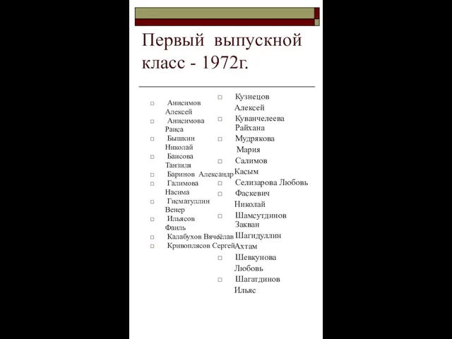 Первый выпускной класс - 1972г. Анисимов Алексей Анисимова Раиса Бышкин Николай Баисова