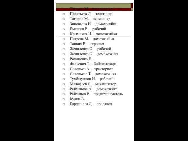 Тагиров М – механизатор Поветьева Л. – телятница Тагиров М. – пенсионер