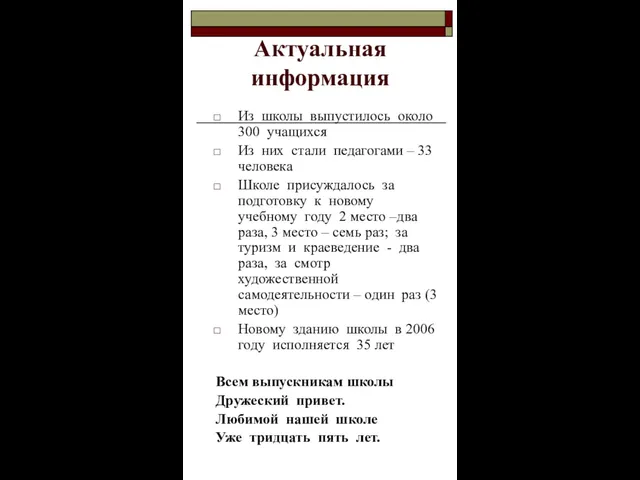 Актуальная информация Из школы выпустилось около 300 учащихся Из них стали педагогами