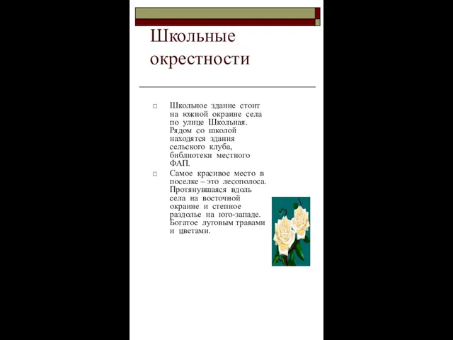 Школьные окрестности Школьное здание стоит на южной окраине села по улице Школьная.