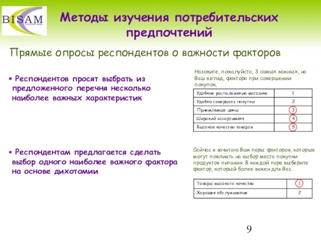 Методы изучения потребительских предпочтений Респондентов просят выбрать из предложенного перечня несколько наиболее