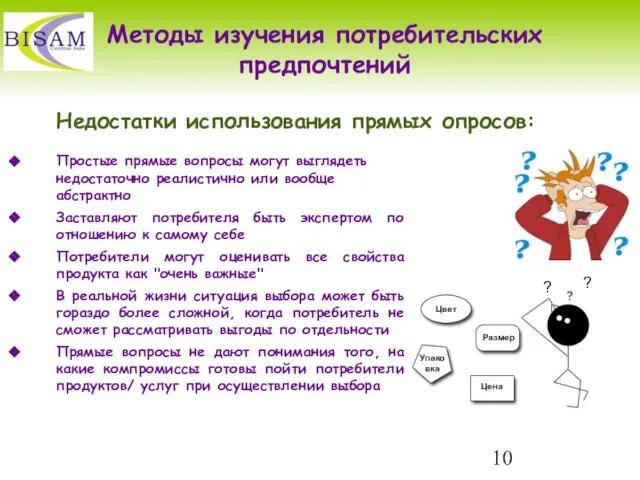 Методы изучения потребительских предпочтений Недостатки использования прямых опросов: Простые прямые вопросы могут