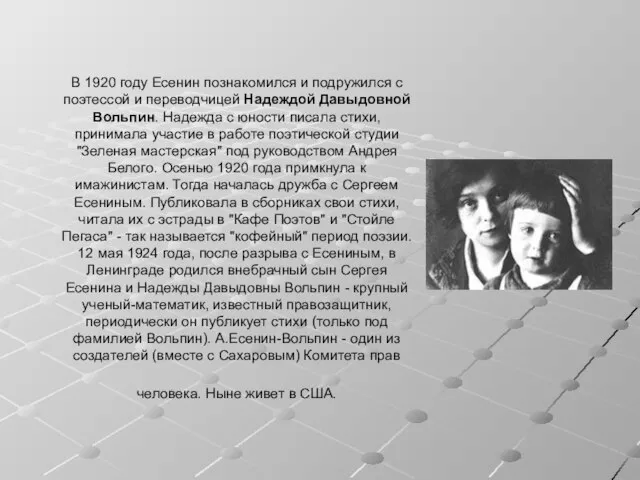 В 1920 году Есенин познакомился и подружился с поэтессой и переводчицей Надеждой