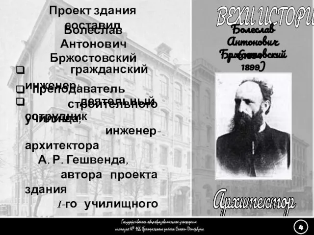 (4) Архитектор - 1 ВЕХИ ИСТОРИИ Архитектор Проект здания составил Болеслав Антонович