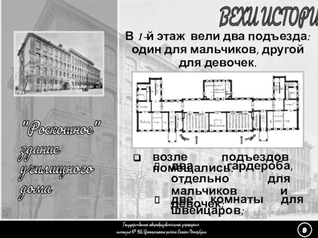 В 1-й этаж вели два подъезда: один для мальчиков, другой для девочек.