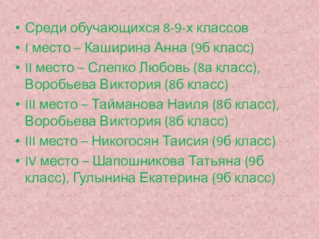 Среди обучающихся 8-9-х классов I место – Каширина Анна (9б класс) II