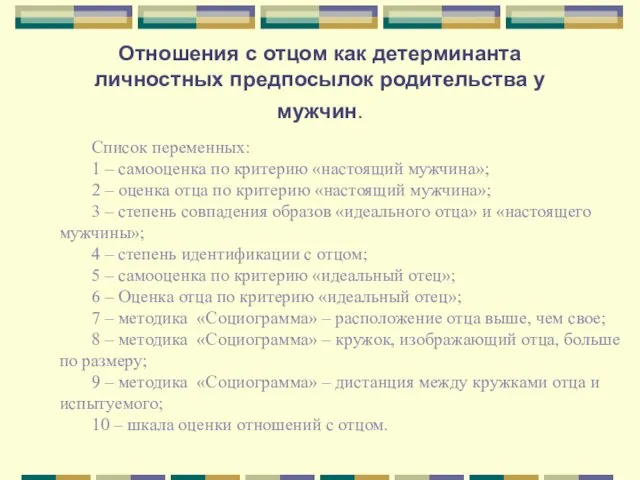 Отношения с отцом как детерминанта личностных предпосылок родительства у мужчин. Список переменных: