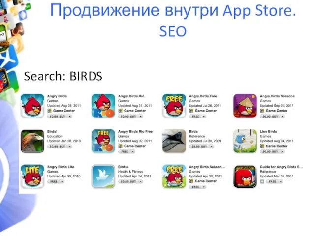 Продвижение внутри App Store. SEO Search: BIRDS