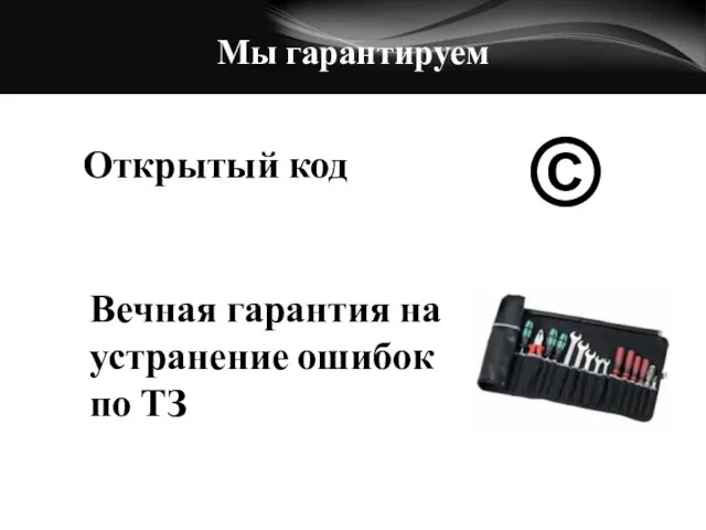 Мы гарантируем Открытый код Вечная гарантия на устранение ошибок по ТЗ ©