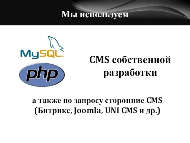 Мы используем CMS собственной разработки а также по запросу сторонние CMS (Битрикс,