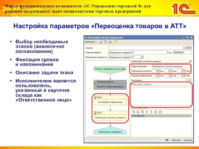 Настройка параметров «Переоценка товаров в АТТ» Выбор необходимых этапов (аналогично согласованию) Фиксация