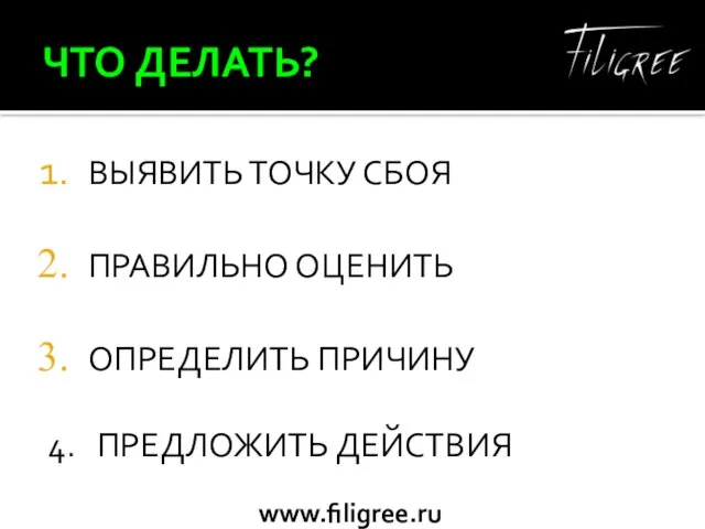 ЧТО ДЕЛАТЬ? ВЫЯВИТЬ ТОЧКУ СБОЯ ПРАВИЛЬНО ОЦЕНИТЬ ОПРЕДЕЛИТЬ ПРИЧИНУ 4. ПРЕДЛОЖИТЬ ДЕЙСТВИЯ