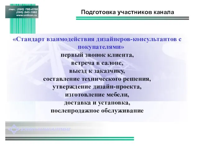 Подготовка участников канала «Стандарт взаимодействия дизайнеров-консультантов с покупателями» первый звонок клиента, встреча