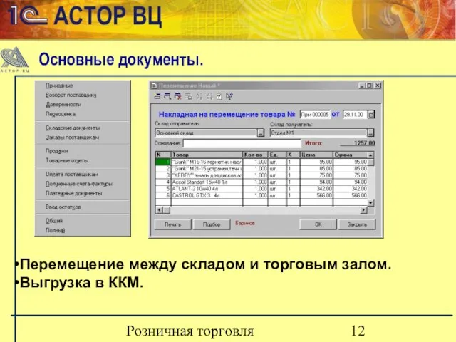 Розничная торговля Перемещение между складом и торговым залом. Выгрузка в ККМ. Основные документы.