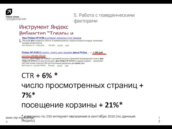 Инструмент Яндекс Вебмастер “Товары и цены” www.nlp-marketing.ru 12 5. Работа с поведенческими