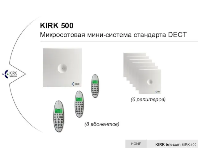 (8 абонентов) KIRK telecom KIRK 500 KIRK 500 (6 репитеров) Микросотовая мини-система стандарта DECT HOME