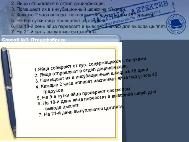 1.Яйца собирают от кур, содержащихся с петухами. 2. Яйца отправляют в отдел