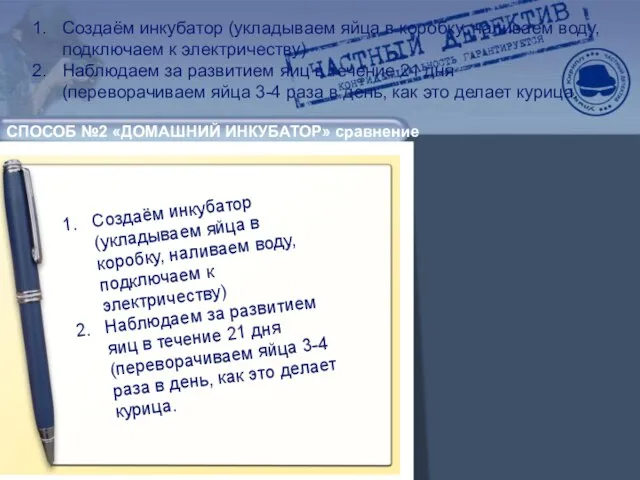 Создаём инкубатор (укладываем яйца в коробку, наливаем воду, подключаем к электричеству) Наблюдаем