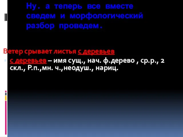 Ну. а теперь все вместе сведем и морфологический разбор проведем. Ветер срывает