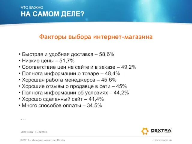 © 2011 – Интернет-агентство Dextra / www.dextra.ru ЧТО ВАЖНО НА САМОМ ДЕЛЕ?