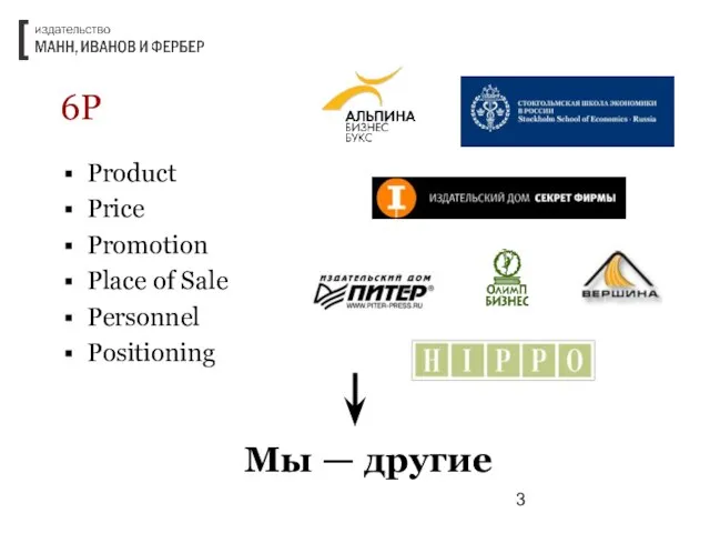 6P Product Price Promotion Place of Sale Personnel Positioning Мы — другие