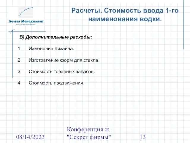 08/14/2023 Конференция ж. "Секрет фирмы" Расчеты. Стоимость ввода 1-го наименования водки. В)