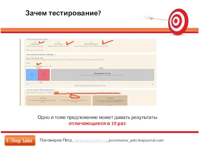 Пономарев Петр, www.eshopsales.ru, ponomarev_petr.livejournal.com Зачем тестирование? Одно и тоже предложение может давать