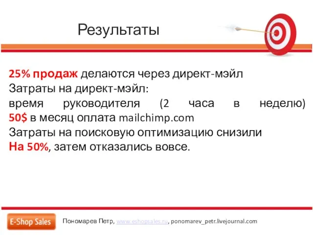 Результаты Пономарев Петр, www.eshopsales.ru, ponomarev_petr.livejournal.com 25% продаж делаются через директ-мэйл Затраты на
