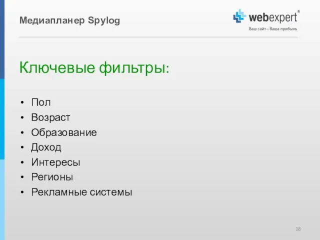 Медиапланер Spylog Ключевые фильтры: Пол Возраст Образование Доход Интересы Регионы Рекламные системы