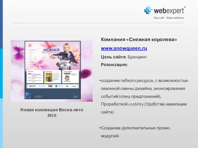 Компания «Снежная королева» www.snowqueen.ru Цель сайта: Брендинг Реализация: создание гибкого ресурса, с