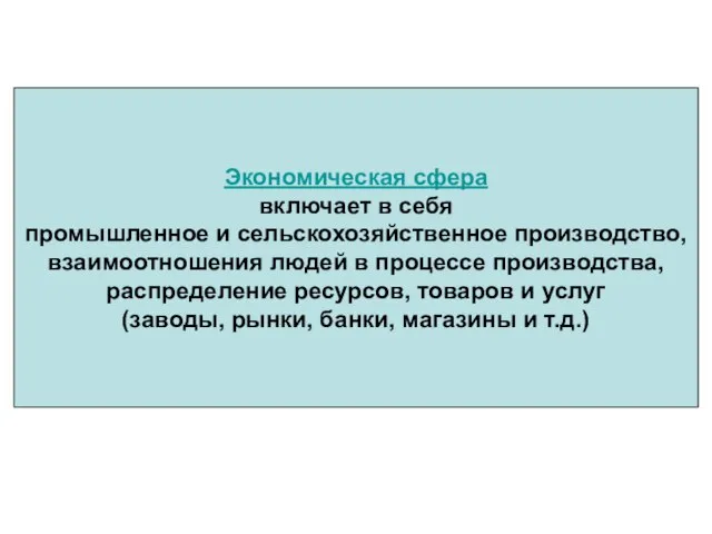 Экономическая сфера включает в себя промышленное и сельскохозяйственное производство, взаимоотношения людей в