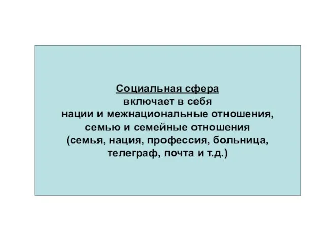 Социальная сфера включает в себя нации и межнациональные отношения, семью и семейные